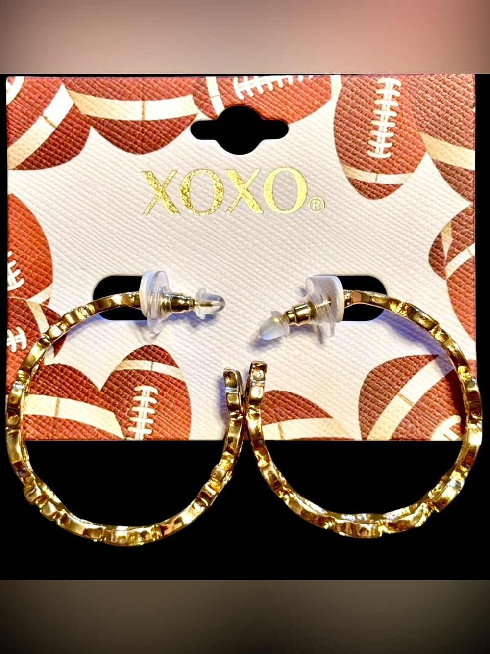 NWT•XOXO Gold & Enamel Football theme Hoop Earrings